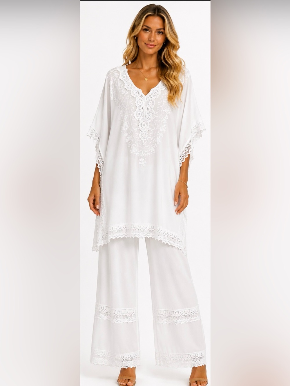 White Embroidered Lace-Trim 2PC Tunic Pants Set